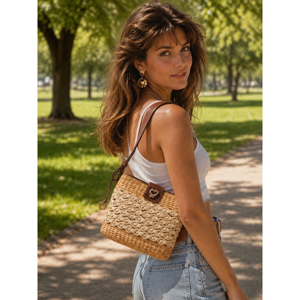 Brighton Vintage Straw Woven Shoulder Bag Brown Croc Leather Heart Charm‎